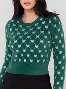 Suéter pulover importado feminino com gráfico de coração pequeno, gola redonda, mangas caídas número do modelo é WZ168 - Verde - Visão 3