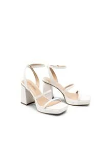 Women High Platform Chunky Heeled Sandals Fashionable Ankle Strap Square Toe Heeled Sandals Party Sandals Y2K Dress Shoes - 白色/淺色 - 查看 9