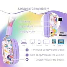 紫色/粉色独角兽无线耳机（适合女孩儿童）/蓝色恐龙有线耳机（适合男孩儿童上学），儿童有线耳机带麦克风和 3.5 毫米插孔，青少年幼儿防噪音耳机带可调节头带（适用于平板电脑/智能手机），圣诞节生日礼物新年礼物 - 紫色 - 查看 4