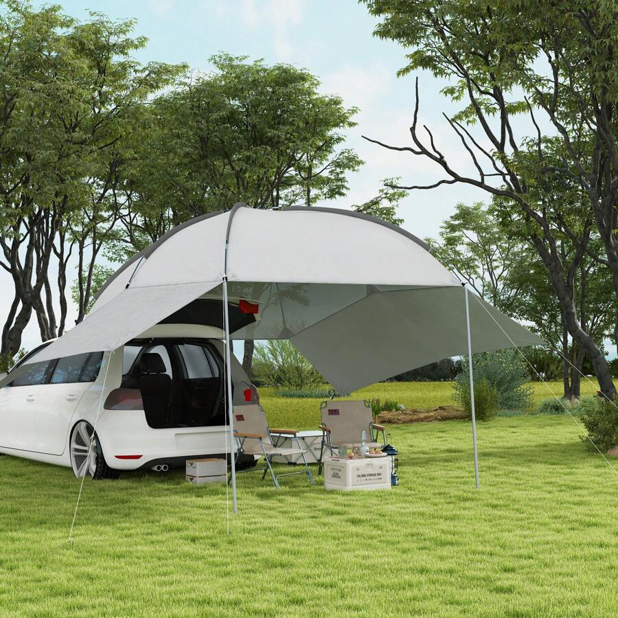Outsunny Heckzelt Auto Autozelt Wasserdichtes Auto Markisen Zelt inkl. Stahlgestell, Regenschutz, Sonnenschutz, Leichte Tragbare für Lkw, Wohnmobil, Van, Outdoor Camping Reisen, 3 x 2,6 x 2,3-2,6 m - Hellgrau - Übersicht 1