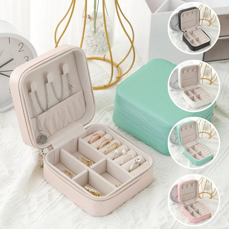 1pc PU Leather Small Jewelry Box, Mini Jewelry Travel Case, Necklace Ring Earrings Storage Organizer Mini Jewelry Case Double Layer Travel Jewelry Organizer For Women Girls Gift, Wedding Decorations Storage Container - Multicolor - View 1
