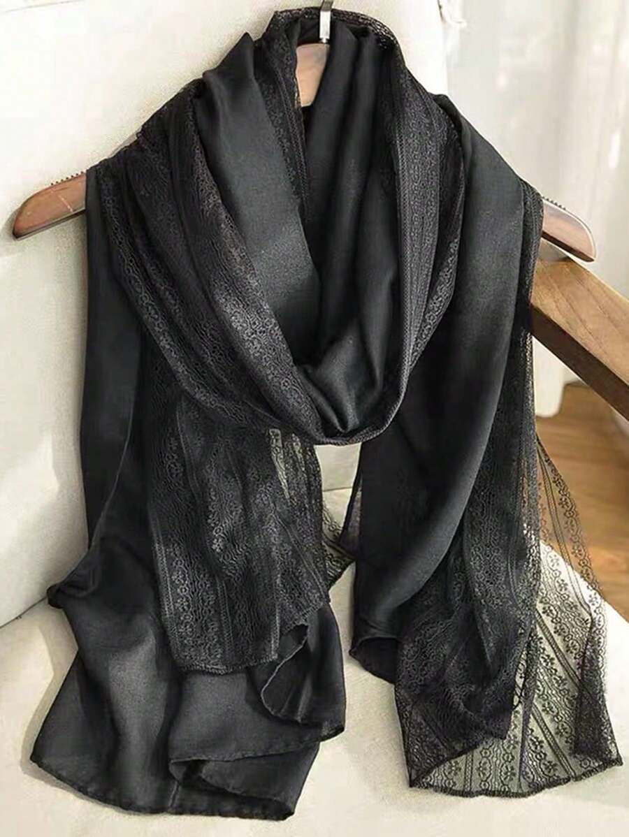 1pc Women Plain Color Lace Scarf, For Daily Wear - Black - View 1