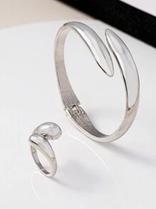 1 Brazalete + 1 Anillo Juego De Joyas De Aleación De Forma Geométrica - Blanco - Ver 2