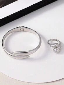 1 Brazalete + 1 Anillo Juego De Joyas De Aleación De Forma Geométrica - Blanco - Ver 4
