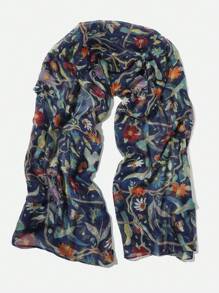 1pc Women's Tree Branch & Bird Print Scarf, Floral Print Rectangular Scarf, Floral Print Headscarf, Navy Scarf,Beach,Holiday - Navy Blue - View 4