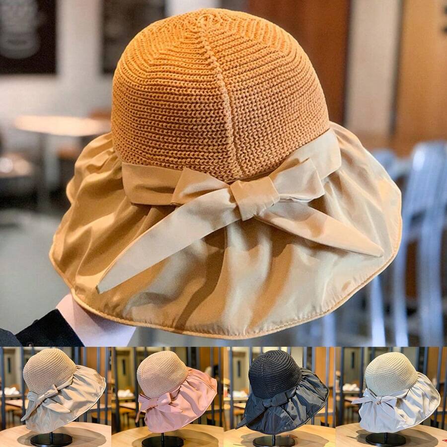 Women Bow Decor Sun Protection Casual Bucket Hat For Summer - Beige - View 1