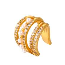 1入組多層立方氧化鋯鑲嵌珍珠和幾何設計耳環，針式無耳洞夾，適用於女性日常佩戴 - 金色 - 查看 12