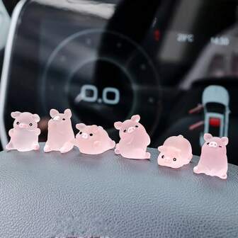6pcs Car Center Console Resin Pink Pig Doll Ornament Car Rearview Mirror Decoration Bicycle Small Ornament Auto Interior Accessories