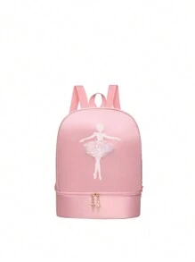 1pc Solid Color Zipper Closure Oxford Cloth Embroidered Dancer Motif Cute Backpack With Separate Shoe Compartment, Suitable For Daily Use