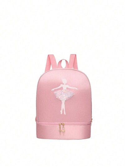 1pc Solid Color Zipper Closure Oxford Cloth Embroidered Dancer Motif Cute Backpack With Separate Shoe Compartment, Suitable For Daily Use