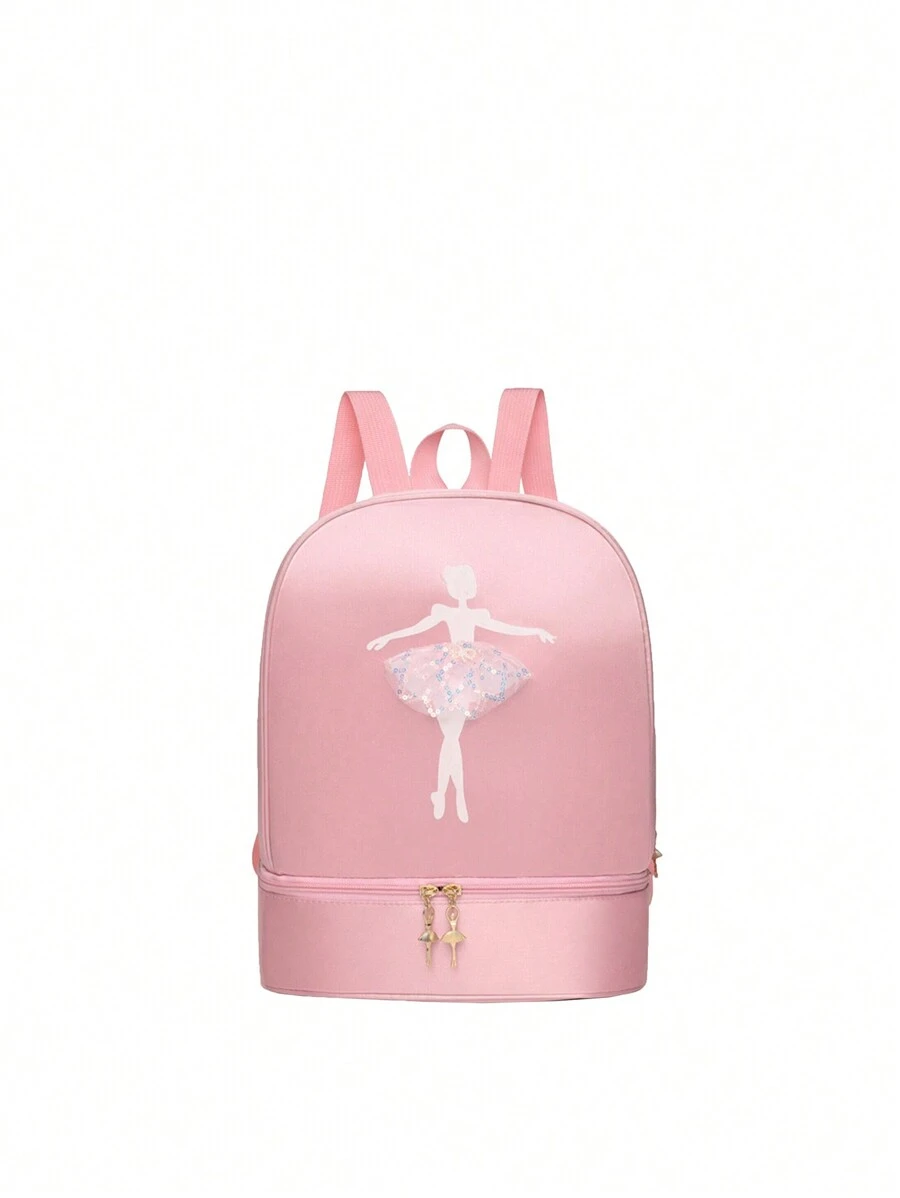 1pc Solid Color Zipper Closure Oxford Cloth Embroidered Dancer Motif Cute Backpack With Separate Shoe Compartment, Suitable For Daily Use