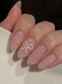 24 móng tay giả hình quả hạnh ngắn màu trắng đơn giản kiểu Pháp có thiết kế nơ + 1 keo thạch + 1 dũa móng tay Bấm vào móng tay Đồ dùng làm móng - Nhiều màu - Xem 1
