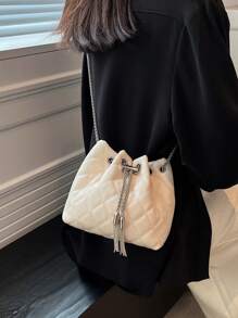 Mini Bolso De Montar Con Decoración De Borlas De Cadena, Costura Y Correa De Hombro - Albaricoque - Ver 6