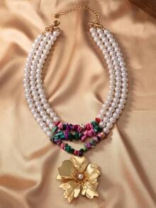 1入組幾何石頭珍珠鏈，附有花朵細節吊墜，歐美風格多層假日時尚女項鍊 - 彩色 - 查看 6