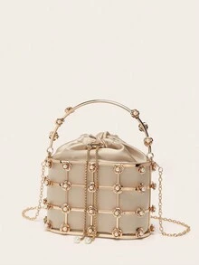 Diamond & Metallic Drawstring Evening Clutch, Can Be Carried By Hand Or Shoulder - Gold - View 4