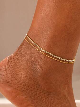 One Piece European And American Style Multilayer Foot Chain, Summer Beach Street Style Foot Jewelry, Metal Ball Chain & Rhinestone Chain Shining Foot Bracelet, Suitable For Daily Wear, Mother's Day Gift For Women