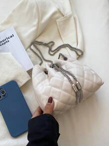 Mini Bolso De Montar Con Decoración De Borlas De Cadena, Costura Y Correa De Hombro - Albaricoque - Ver 10