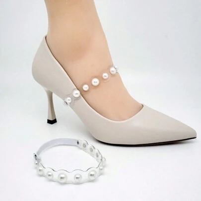 1對透明珍珠裝飾高跟鞋帶,可防止鞋子滑落和緩解腳部壓力,不需要安裝