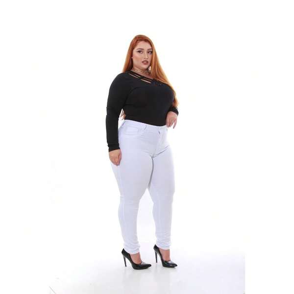Calça Feminina Skinny Básica Branca Plus Size Cintura Alta Tecido Super Lycra Wesen Jeans