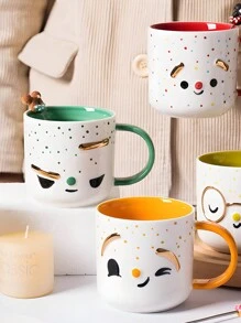 1pc Ceramic Emoticon Mug, Green Color, Lovely Couple Cup, Suitable For Home/Office, Coffee/Tea/Water Cup Back To School - Green - View 2