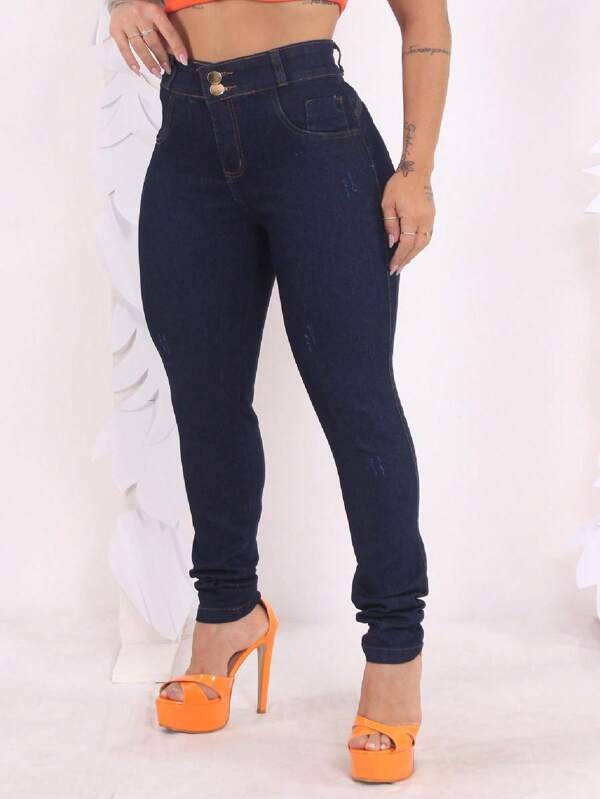 Calça Jeans Feminina Botão Duplo Skinny Cintura Alta Com Lycra