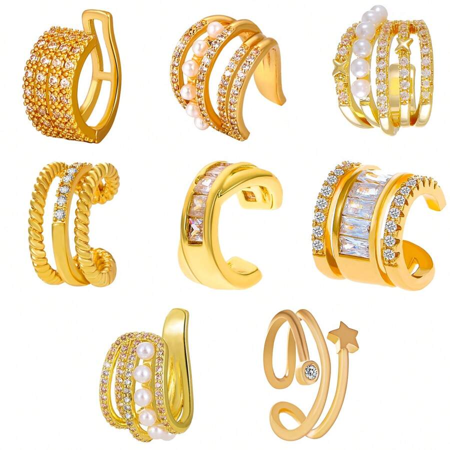 1入組多層立方氧化鋯鑲嵌珍珠和幾何設計耳環，針式無耳洞夾，適用於女性日常佩戴 - 金色 - 查看 1