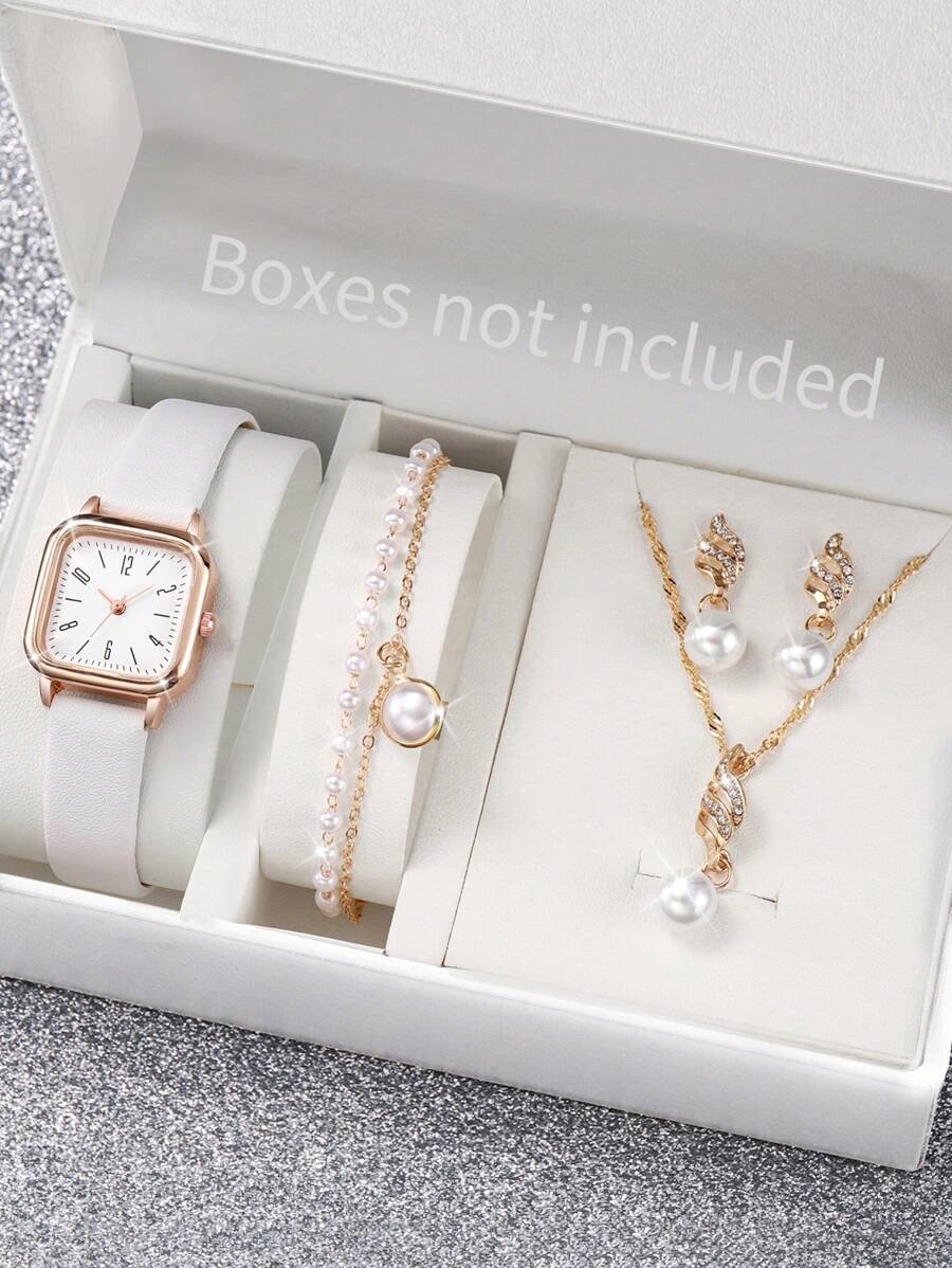 Women's Leather Strap Fashionable Simple Square Dial Quartz Wristwatch + Pearl Jewelry Set (5pcs/Set) As A Gift For Students Returning To School
