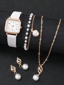 Women's Leather Strap Fashionable Simple Square Dial Quartz Wristwatch + Pearl Jewelry Set (5pcs/Set) As A Gift For Students Returning To School