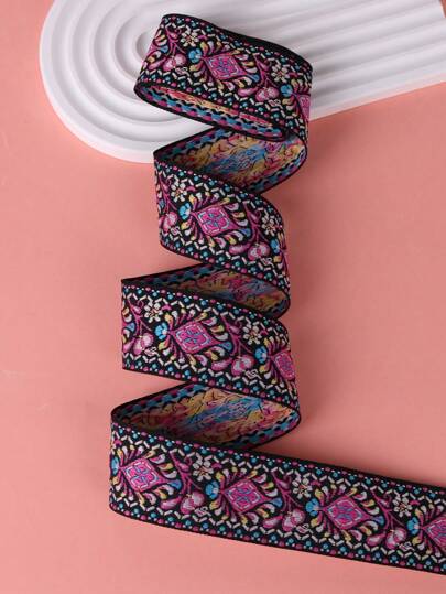 1m 1 Roll 3.8cm Wide Black Base Embroidered Fuchsia Sunflower Jacquard Ribbon, Clothing Decoration, Hat, Suspender Accessory