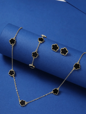 3 pièces/Set Boucles d'oreilles, bracelet et collier à la mode avec motif de fleur à cinq pétales porte-bonheur, Saint-Valentin