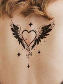 STARTTOOS 1 pieza Tatuaje temporal con patrón abstracto de corazón, alas de ángel, estrellas y galaxia para el pecho, abdomen, espalda y Body - Negro - Ver 4