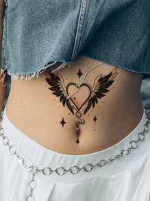 STARTTOOS 1 pieza Tatuaje temporal con patrón abstracto de corazón, alas de ángel, estrellas y galaxia para el pecho, abdomen, espalda y Body - Negro - Ver 5