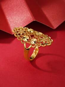 1pc Dubai & Gold-Plated Square Ring With Hollow Out Floral & Wide Band, Gift & Luxurious Lady Gift In Gold Color - Gold - View 14
