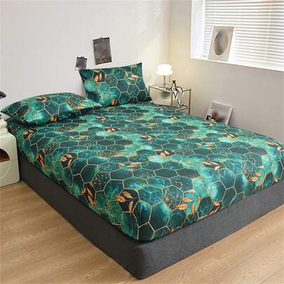 3入組現代印花幾何網格圖案床上用品套件，包括1個床墊套和2個枕套（不含被子），適用於四季