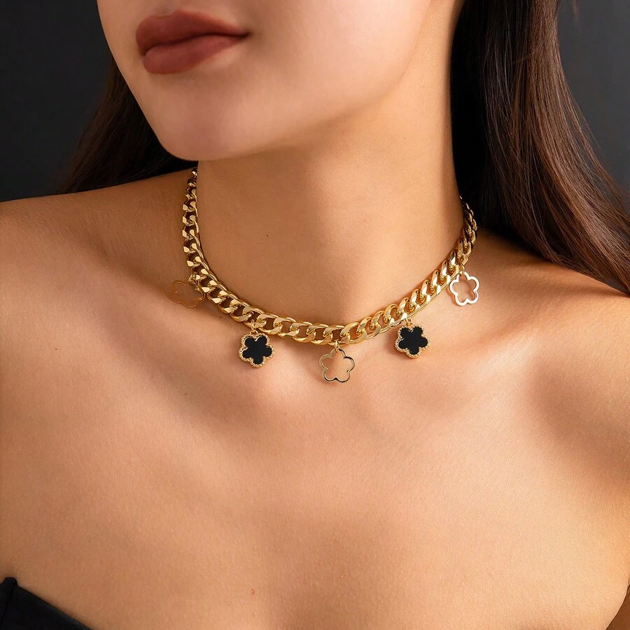 1 Miếng Tiếng Pháp Thanh lịch & Đúng mốt Năm Lá cây Cỏ ba lá Thiết kế Phong cách tối giản Dây chuyền , Lady Chuỗi Vòng cổ mặt dây chuyền Với vui tươi Màu ngọc lam & Mô hình hoa