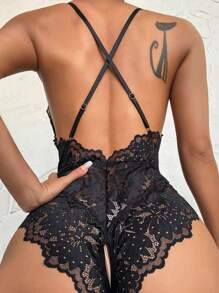 1pc Women's Sexy Lace Hollow Out Bodysuit Lingerie, Suitable For Home Use For Going Out, Baddie Look