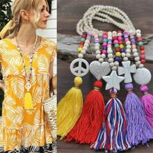 1 Pieza Collar Largo De Borla Con Cuentas Coloridas Y Dije De Piedra, Joyería Bohemia De Verano Para Mujeres, Regalo Creativo Para Cumpleaños Y Vacaciones