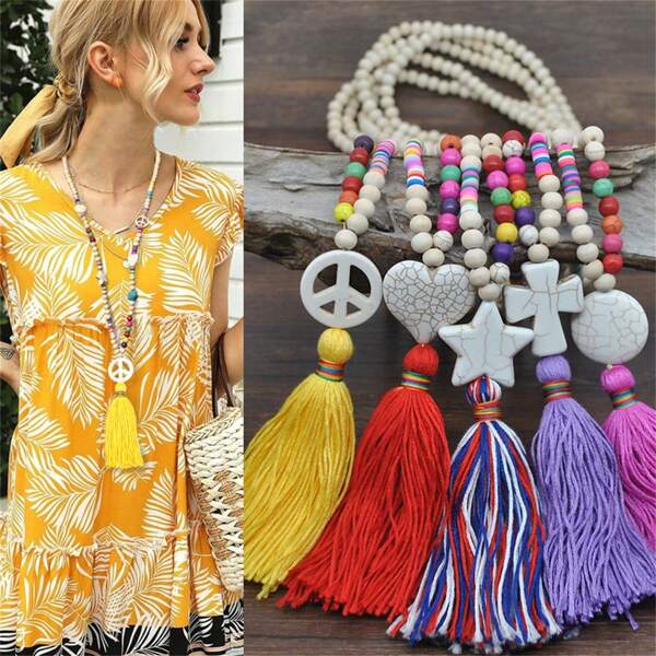 1 Pieza Collar Largo De Borla Con Cuentas Coloridas Y Dije De Piedra, Joyería Bohemia De Verano Para Mujeres, Regalo Creativo Para Cumpleaños Y Vacaciones