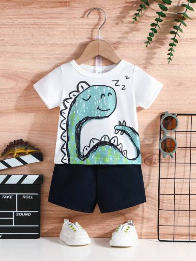 寶寶男孩夏季可愛卡通恐龍印花短袖T恤和短褲套裝