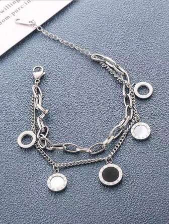 1 件不锈钢时尚、流行、豪华、独特、时尚风格、个性化、精致、迷人、罗马数字设计双层链式手链，男女皆宜，是情侣或好朋友的最佳礼物选择，适合日常佩戴或情人节礼物、妈妈、母亲、母亲节、礼物