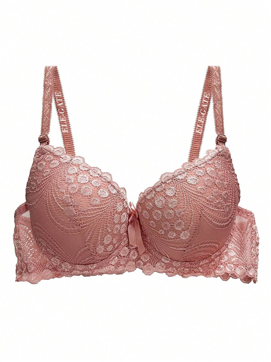 Push-Up Effect Floral Lace Design Bra - 珊瑚橙 - 查看 1