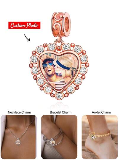 1 st personligt fotoberlockarmband, present till mor, dotter, flickvän, fru, bästa vän, hjärta och runda hängen med pärlor, alla hjärtans dag-present till dotter, flickvän, fru, bästa vän