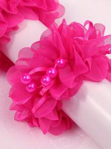 2pcs Girl's Cute Pink Fabric Hair Ties With Beads And Flower Decor Headband Suitable For Daily Wear, Vacation, Or - Hot Pink - View 3