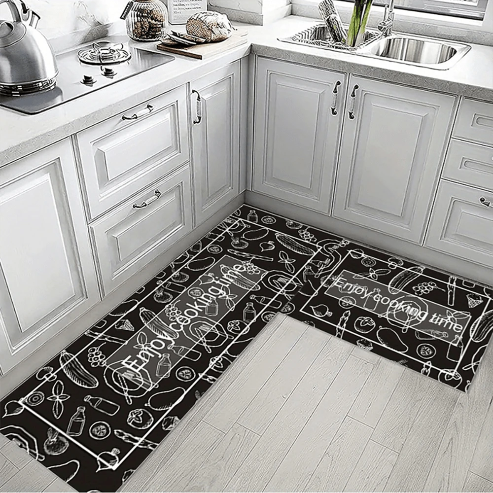 1 Piece Washable Kitchen Rug, Thin And Easy To Clean Kitchen Material Pattern Black Floor Mat, Suitable For Kitchen, Dining Room, Sink, Bathroom, Kitchen, Desk, Doorway, Etc. - Multicolor - View 1