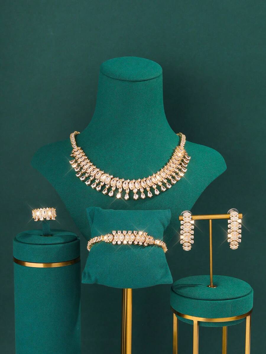 白色、藍色和綠色的小型立體方寶石時尚珠寶套裝,適合新娘婚禮或晚禮服,包括項鍊、耳環、戒指和手鍊 - 金色 - 查看 1