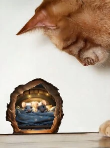 有趣的老鼠洞墙贴卧室厨房踢脚线家居装饰 3d 乙烯基墙贴花 DIY 卡通老鼠动物壁画艺术、贴纸、墙贴花、乙烯基贴花用于家居装饰、春季装饰物品刷新您的家、拉玛装饰贴纸礼物生日毕业 - 彩色 - 查看 7