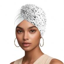 Fashion Women's Solid Color Beanie Hat Bling Side Sequin Decorated Stretch Turban Hat Bonnet Hair Bonnet Turban Christmas