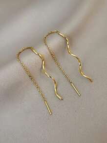 1 Đôi Bông Tai Ren Đơn Giản Thiết Kế Sóng Thép Không Gỉ, Bông Tai Thả Thời Trang Sang Trọng Có Tua Rua Cho Nữ, Thích Hợp Để Đeo Hàng Ngày - Vàng - Xem 2