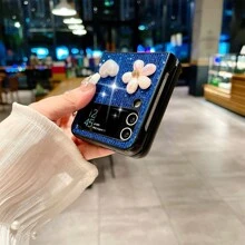 1pc Blue Heart Mirror & 3d Flower Flip Phone Case Compatible With Samsung Galaxy Z Flip3/4/5, Full Coverage Anti-Fall Protective Cover - Blue - View 4
