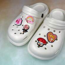 2025 Summer New Lightweight Plus Size Women's Hollow Slip-On Sandals, Rainbow Mushroom Cartoon Design, Breathable Waterproof Beach Slippers With Detachable Flower Decor